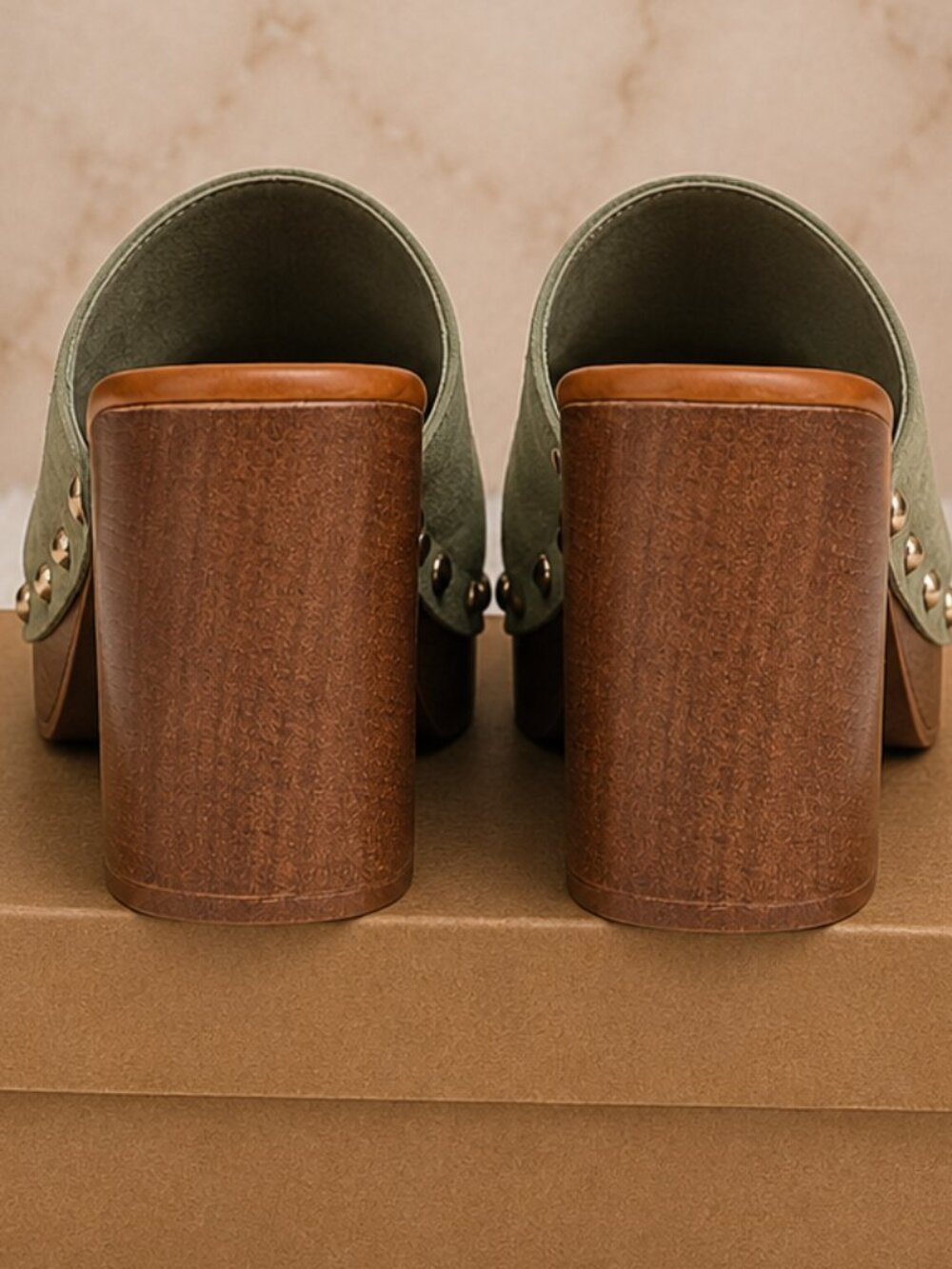 Women's Sage Green Studded Platform Mule Heels - Picture 2 of 2